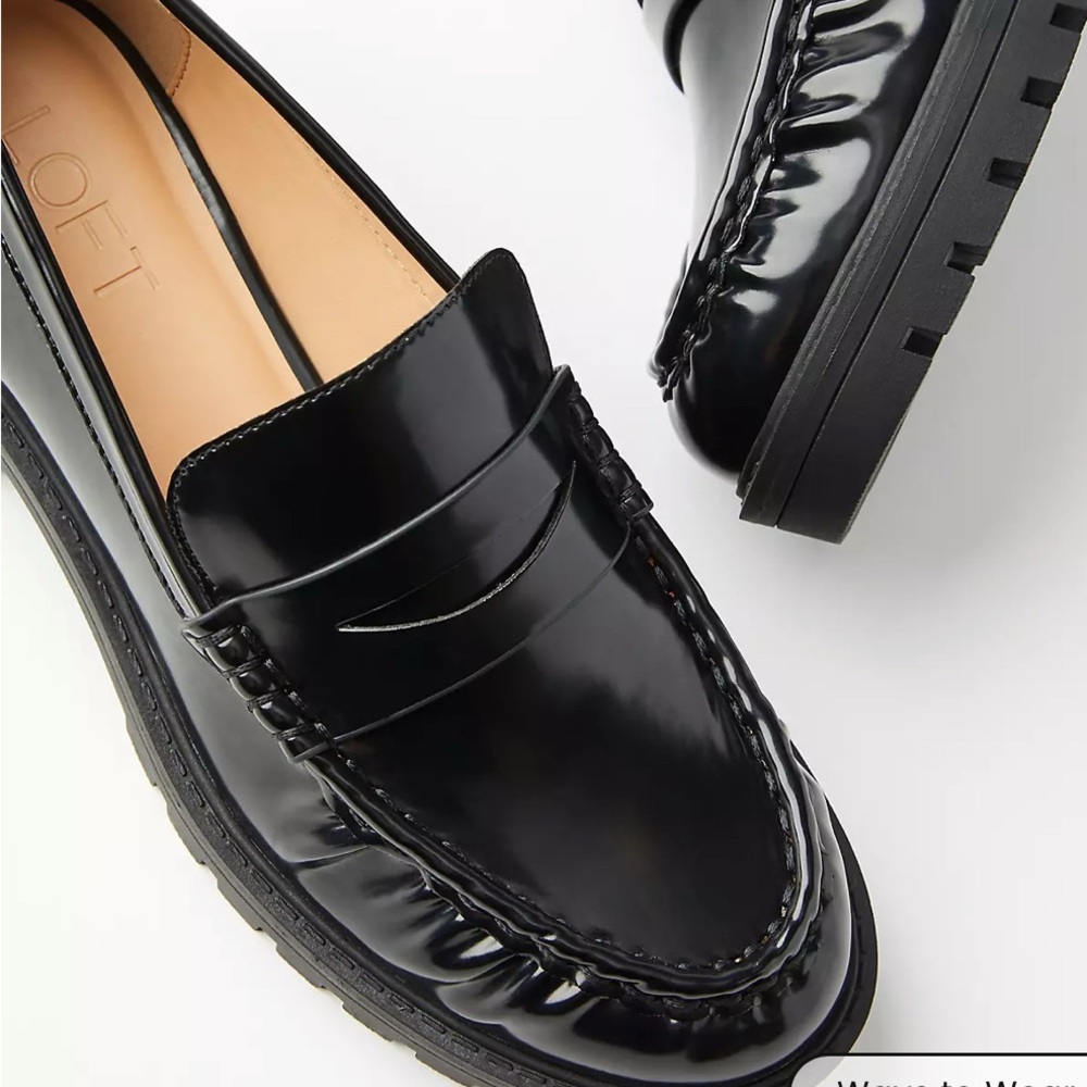 LOFT Black Lug Penny Loafers Preppy Librarian Dark Academia Y2K 90s Size 7.5